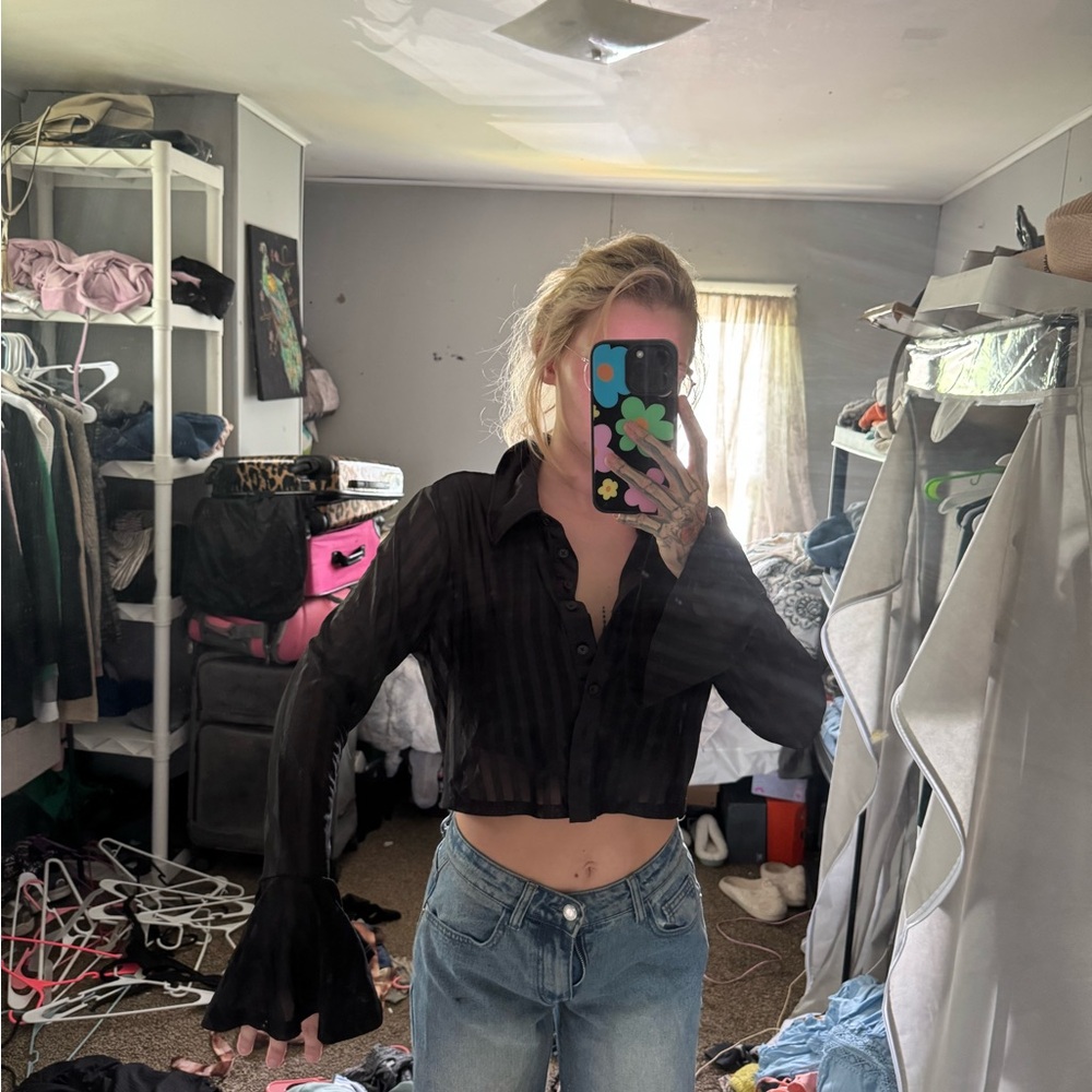 Black Sheer Button-Up Blouse